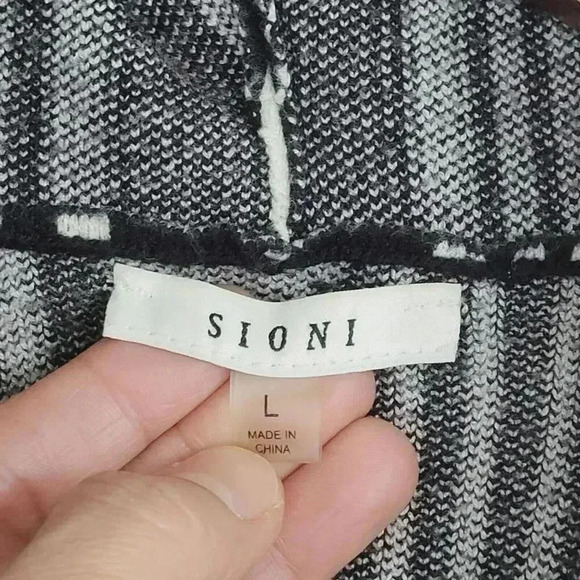 Sioni Women's L Black & White Striped Hooded Open front Cardigan Sweater   29PT - Picture 5 of 8
